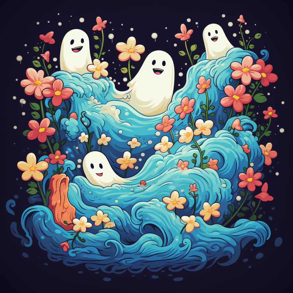 Cute ghosts floating over colorful flowers