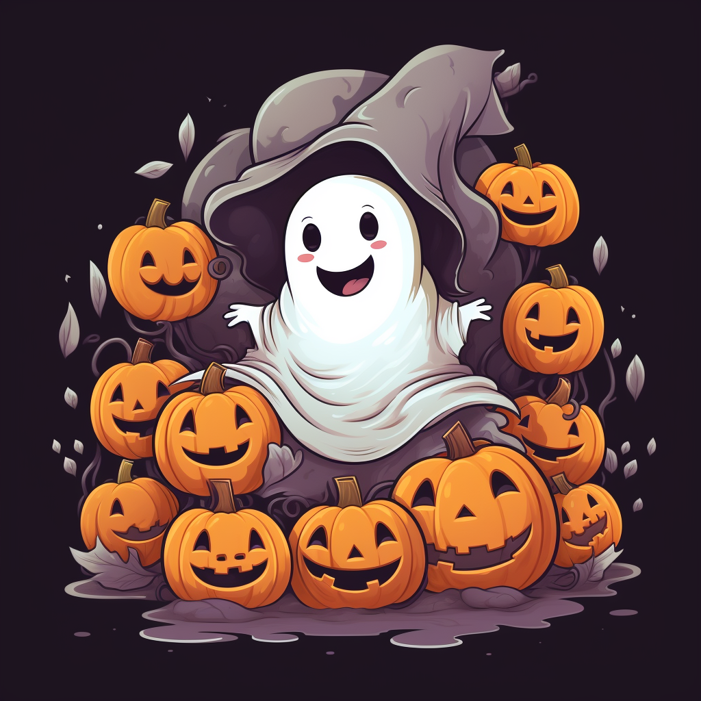 cute ghost surrounded by bats and pumpkins