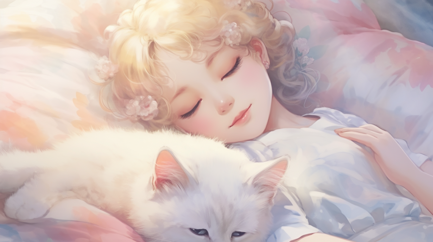 Cute girl angel sleeping with cat in heaven