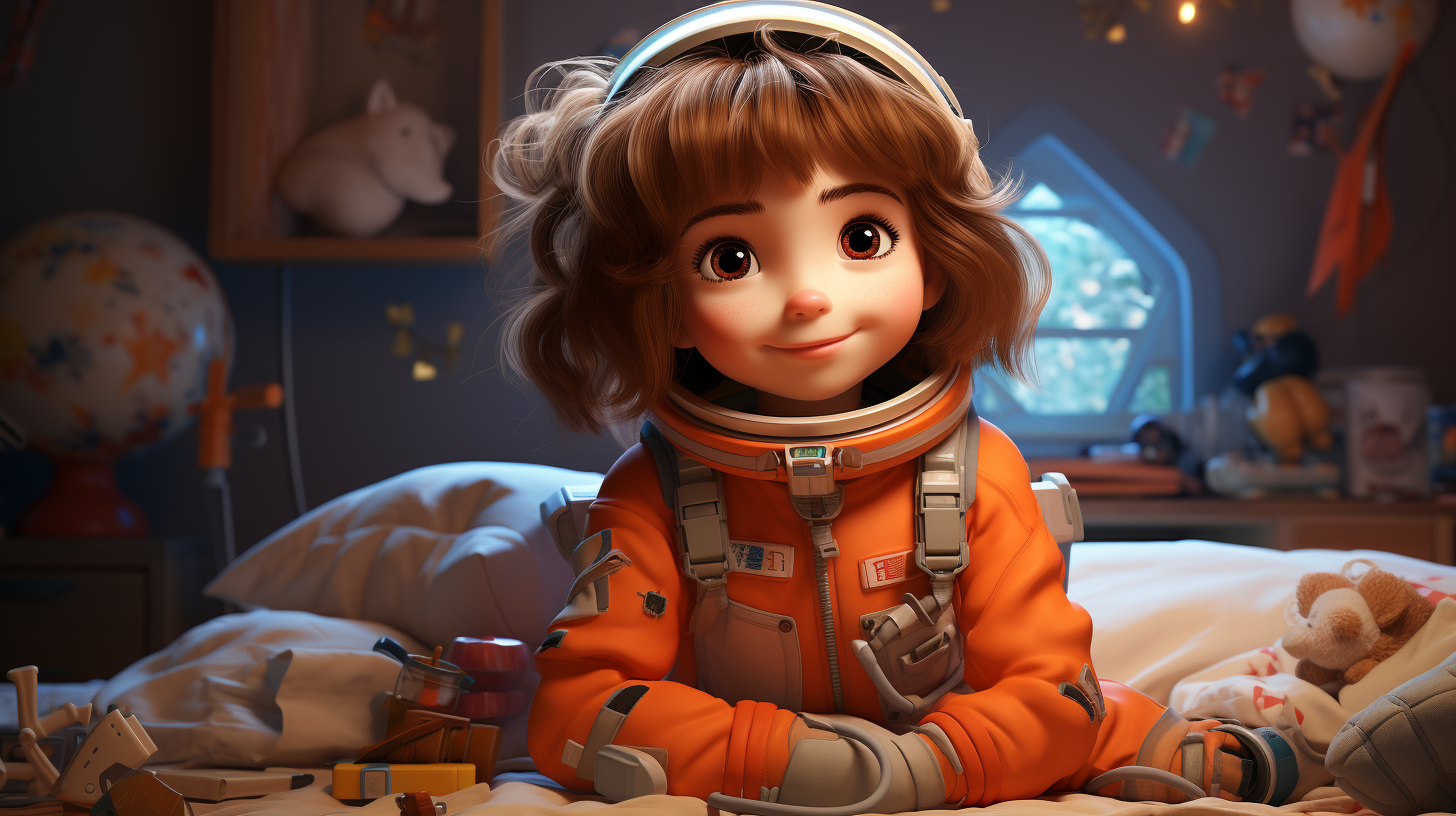 Cute girl in astronaut costume in messy bedroom