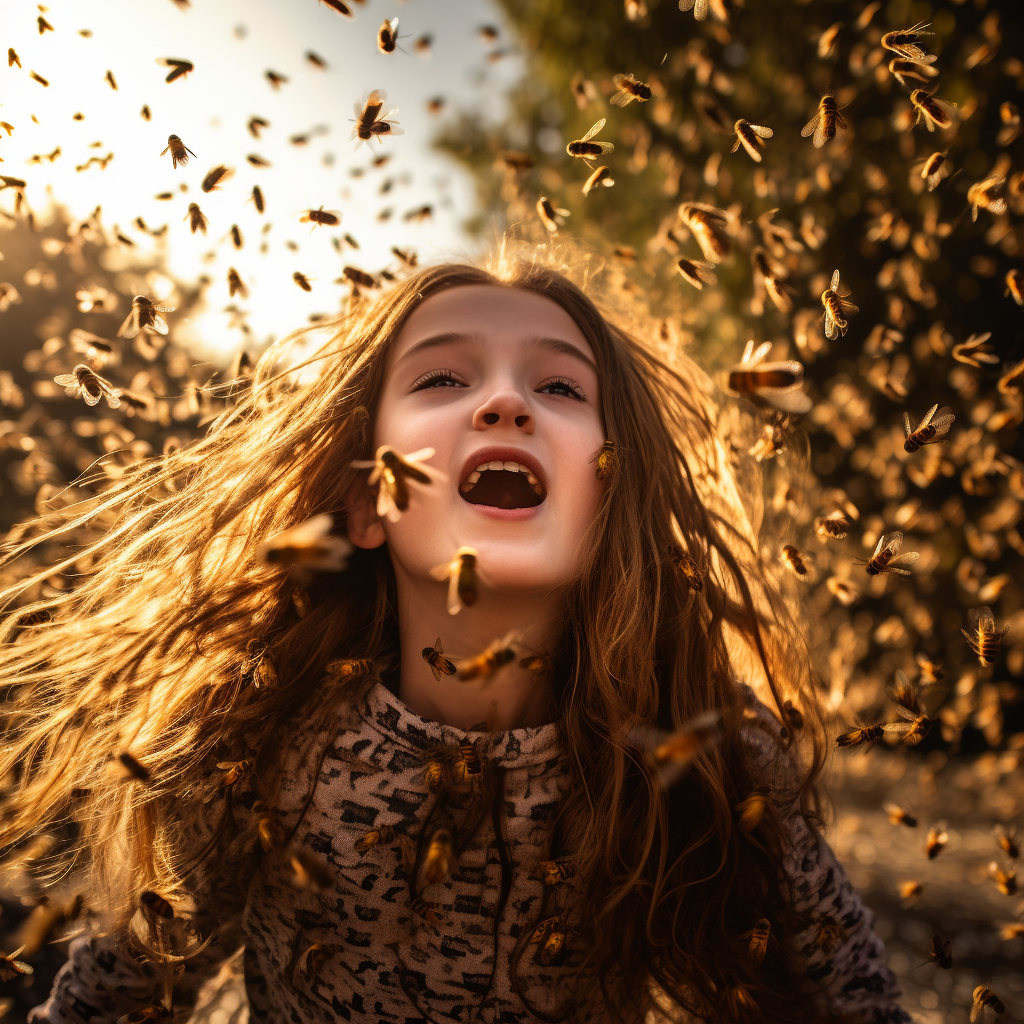 Cute girl surrounded by buzzing bees