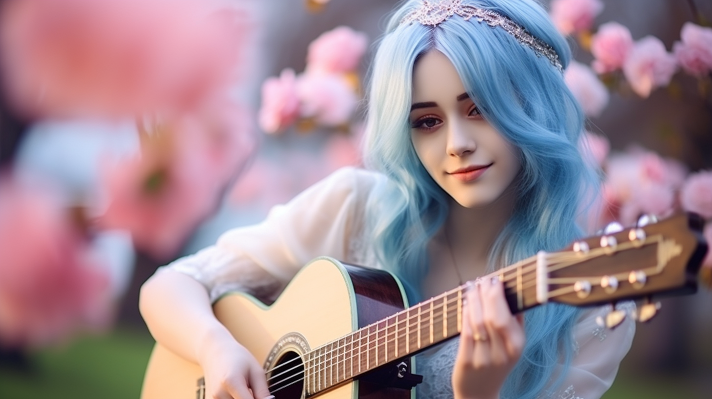 Gentle girl playing guitar with light blue hair