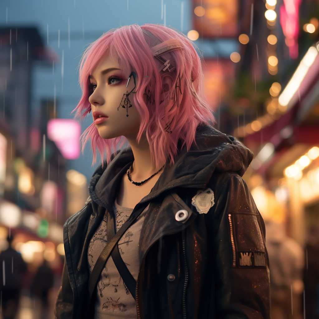 Cute girl with pink hair standing in Kyoto