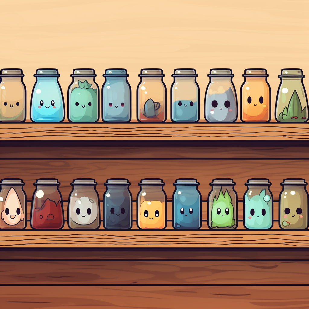 Cute glass bottles on wooden shelf