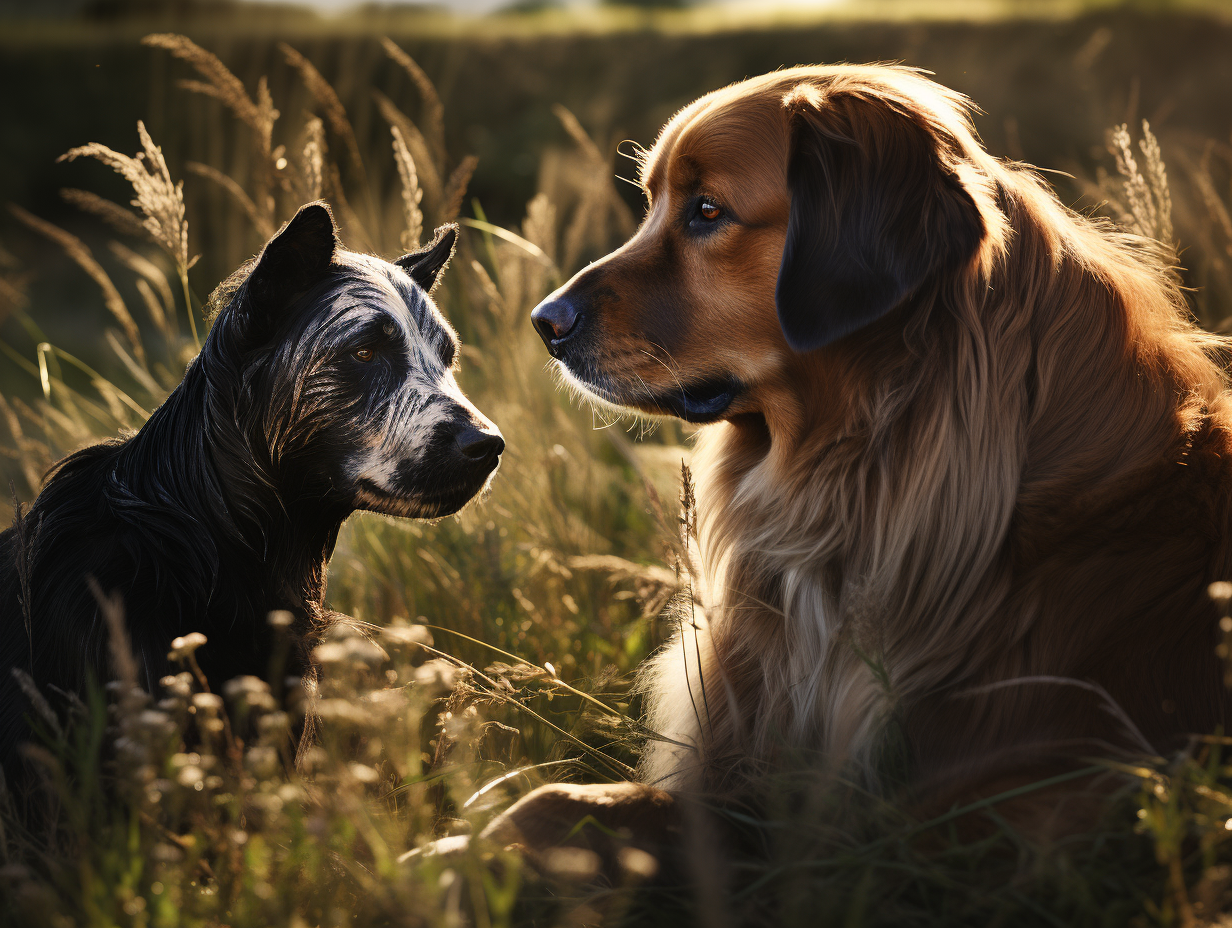 Cute golden retriever and black Fresian horse in grassfield