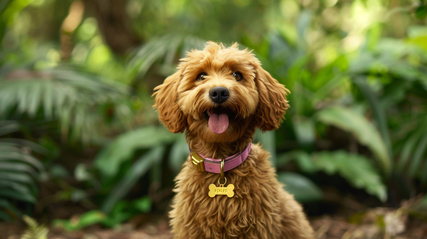 Cute goldendoodle with pink collar