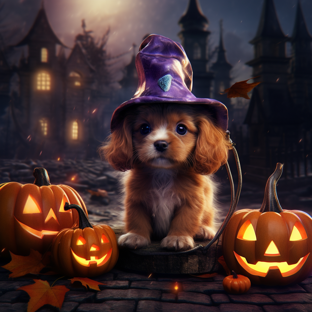 Adorable Halloween puppy in fantasy setting