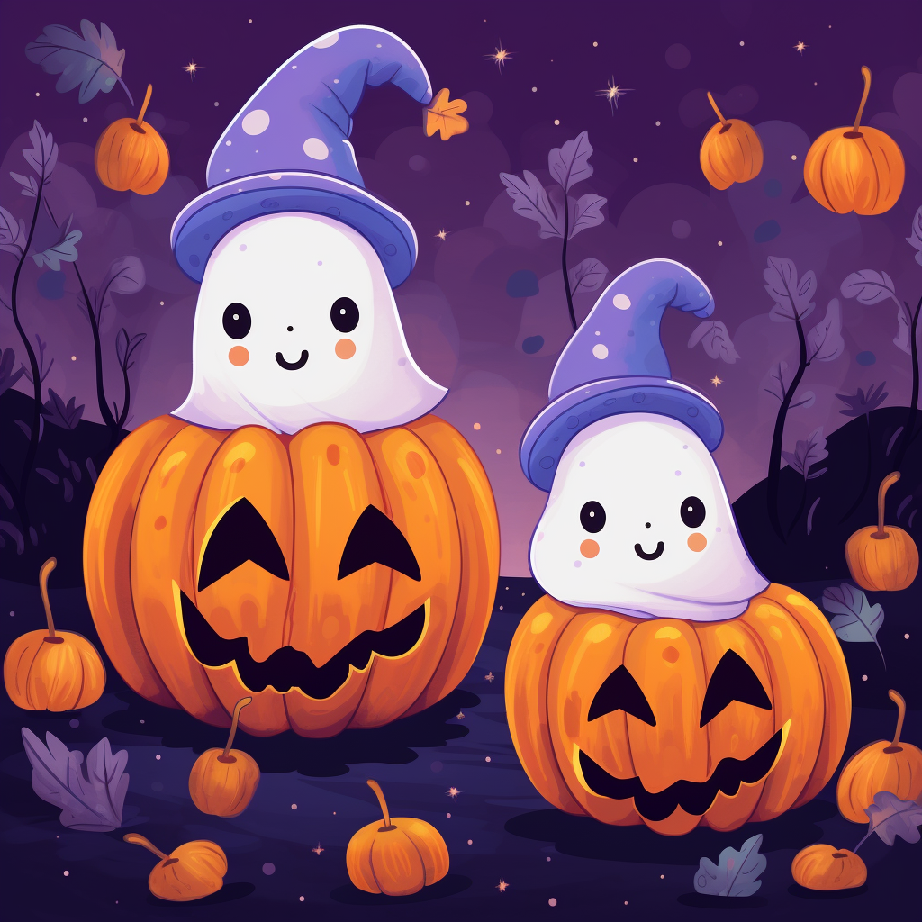 Cute Halloween pumpkins and ghost illustration