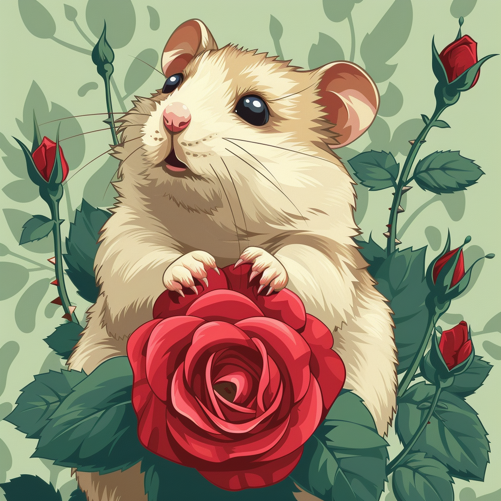 Cute hamster in garden with red rose