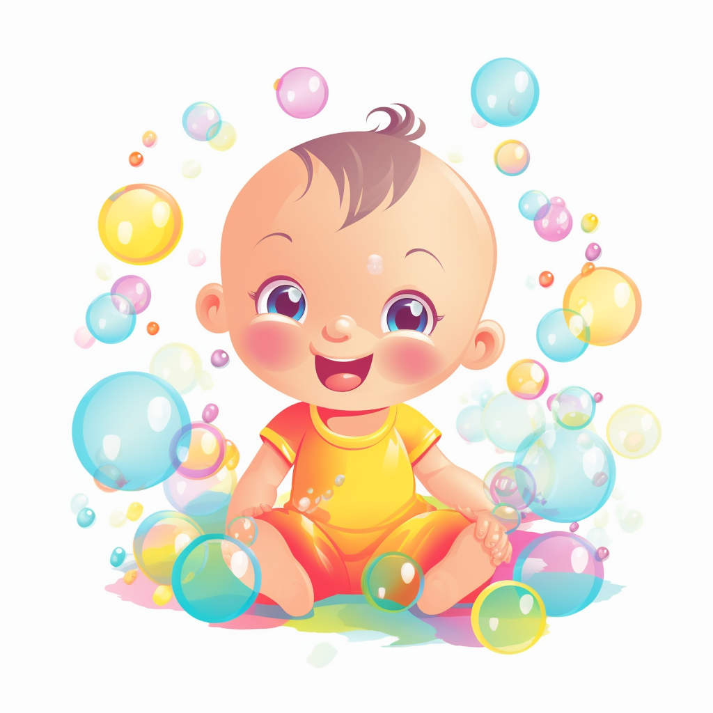 Joyful baby surrounded by colorful bubbles