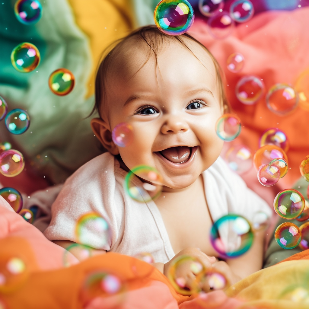 Cute happy baby in colorful bubbles