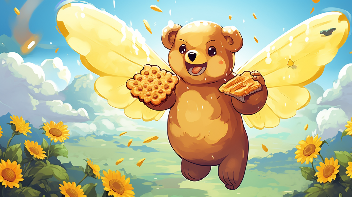 Cute bear with angel wings enjoying pizza