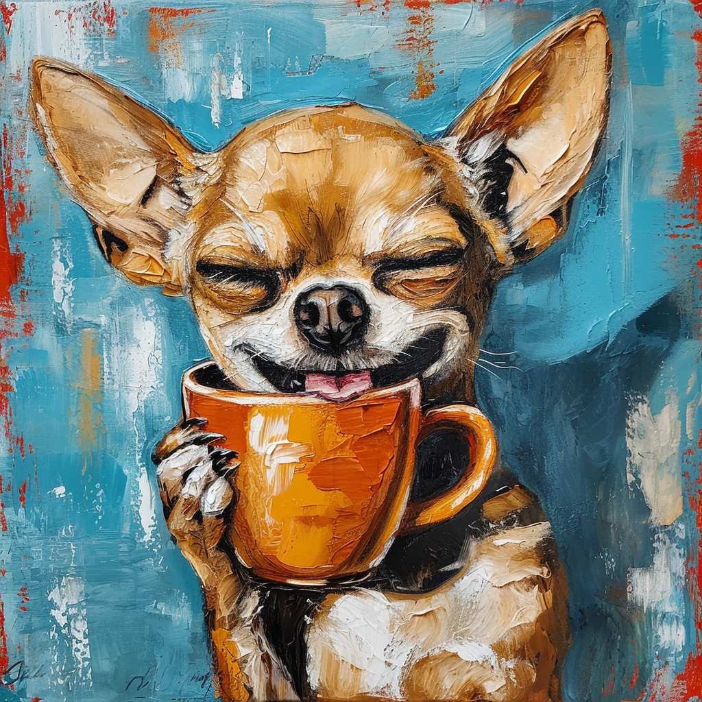 Cute happy chihuahua drinking coffee