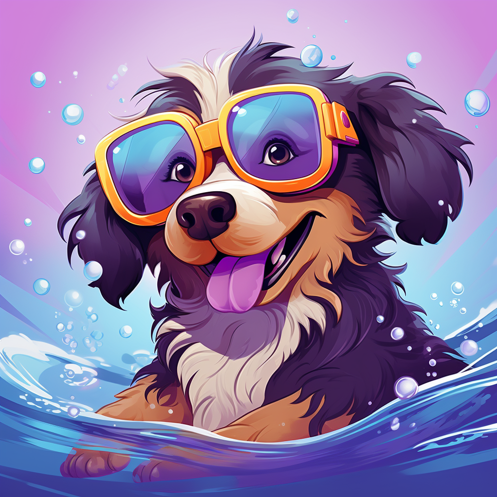 Cartoon dog with purple swim goggles