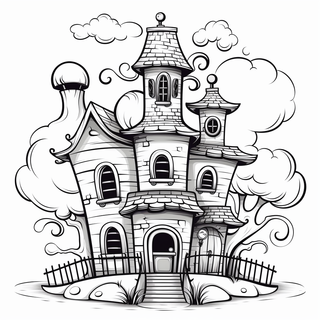 Black and white cute haunted house illustration