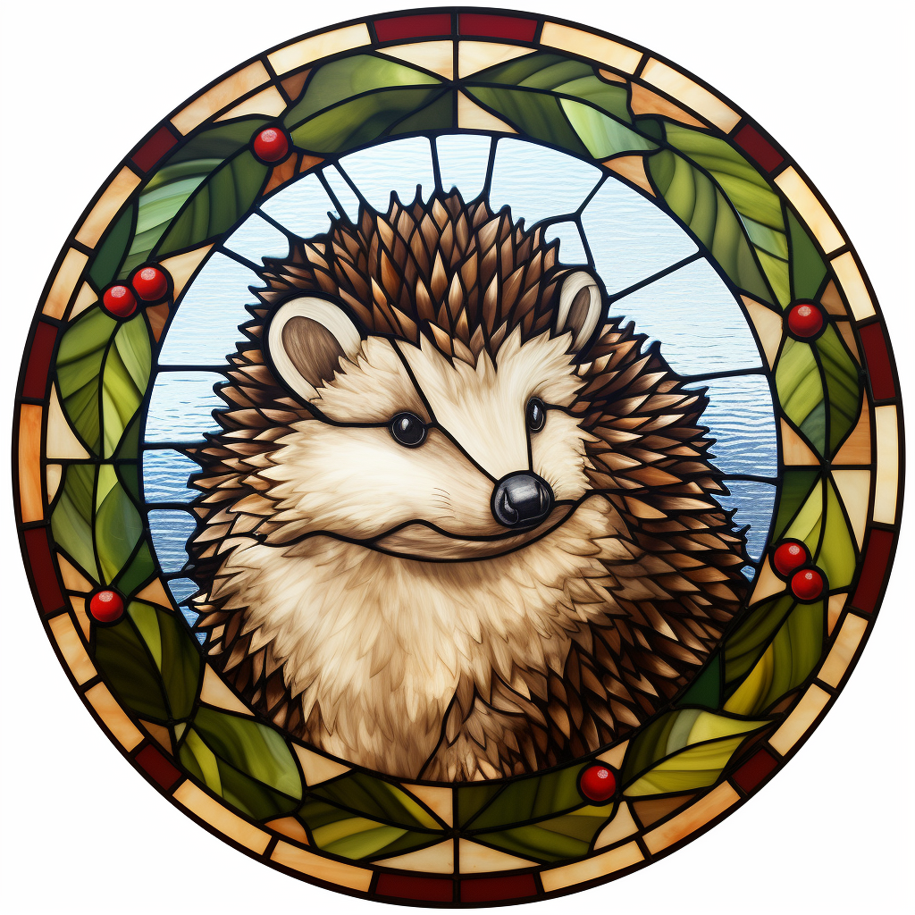 A cute Christmas hedgehog on stained glass