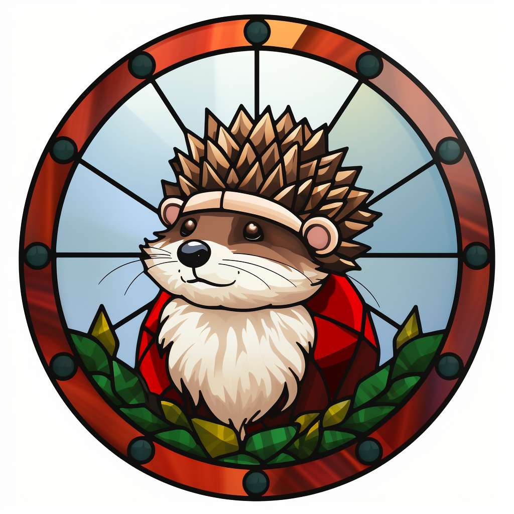 Cute hedgehog wearing Christmas hat in stained glass round design