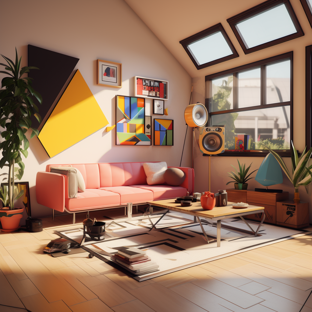 Isometric Basquiat living room scene