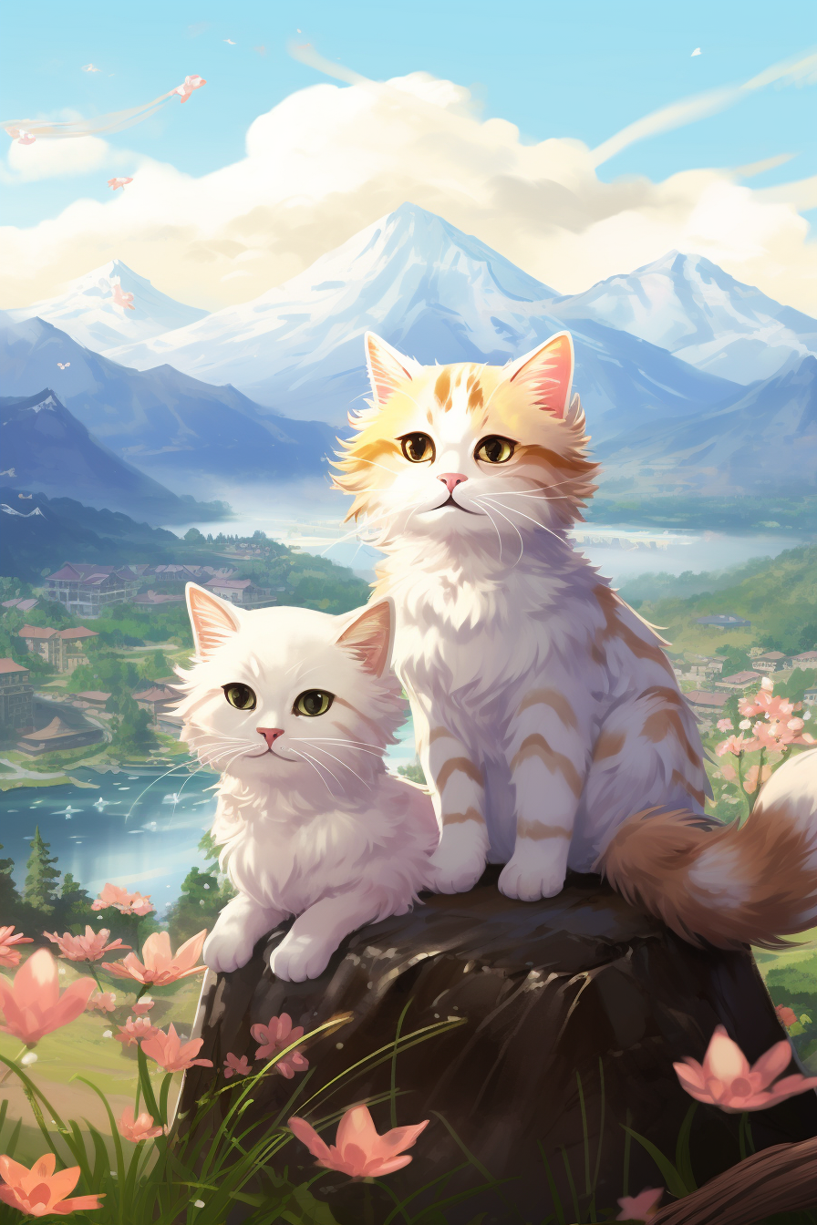 Two adorable Japanese cats in a mountain landscape