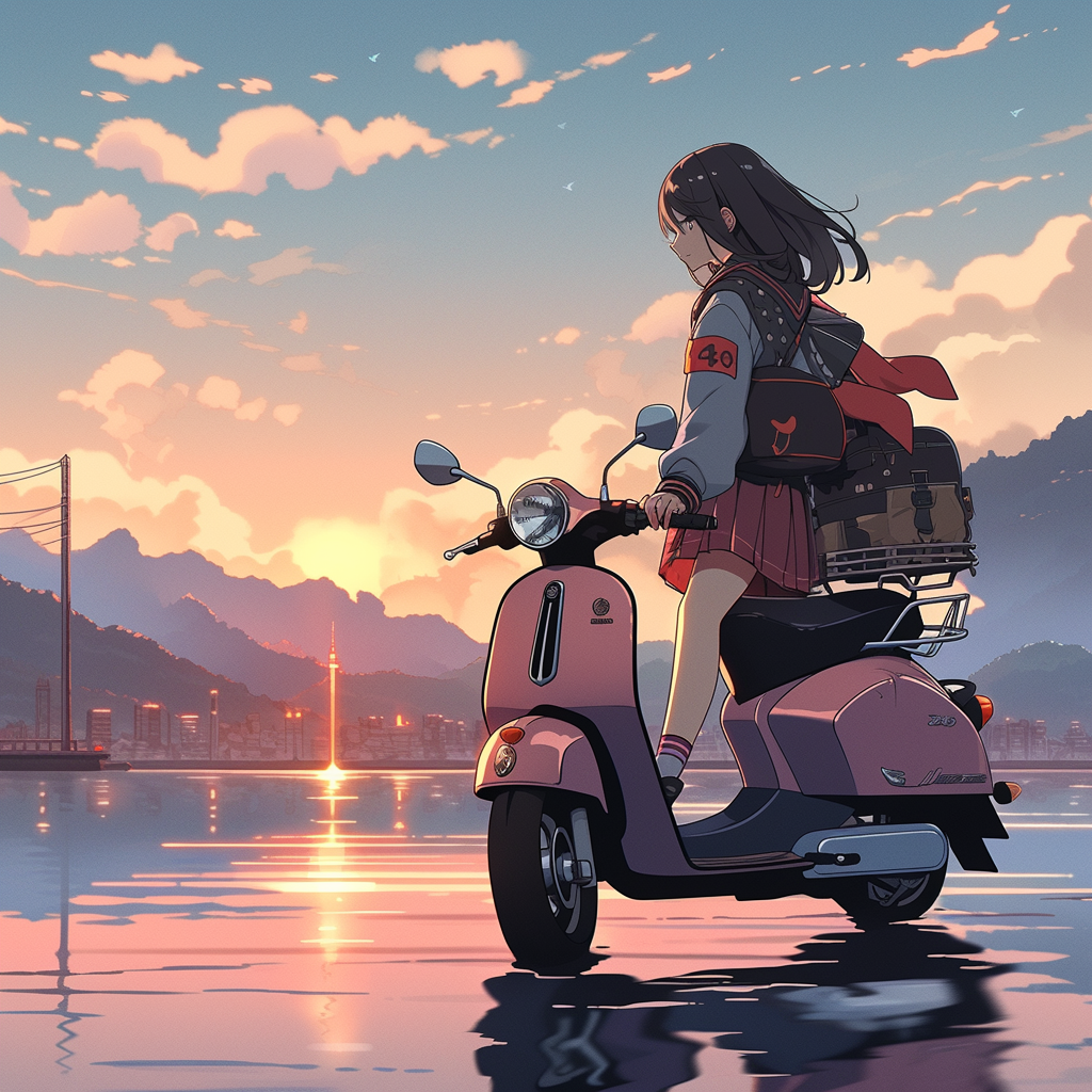 Cute Japanese girl riding scooter with stunning background