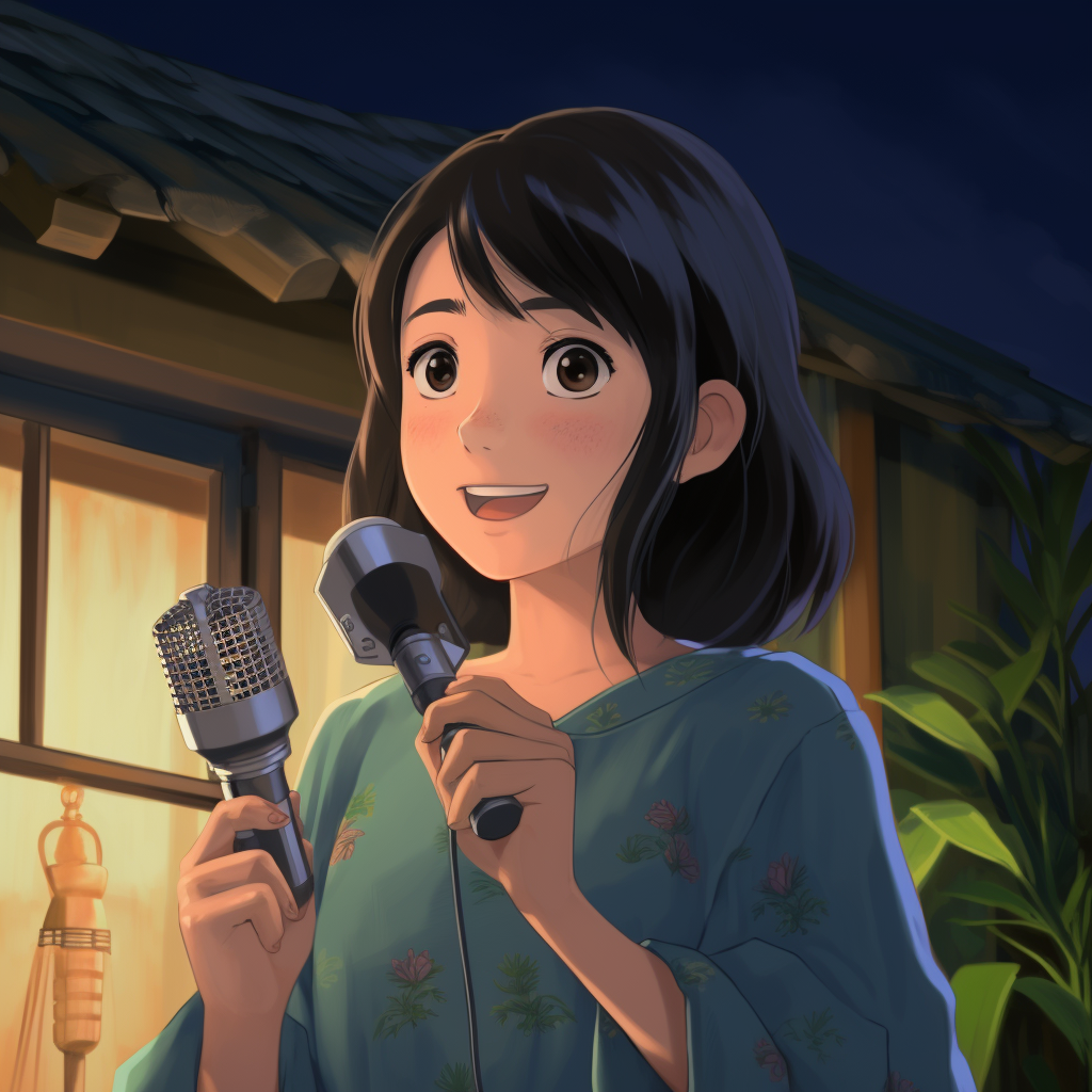 Dark-haired Japanese Woman Holding Foam and Microphone