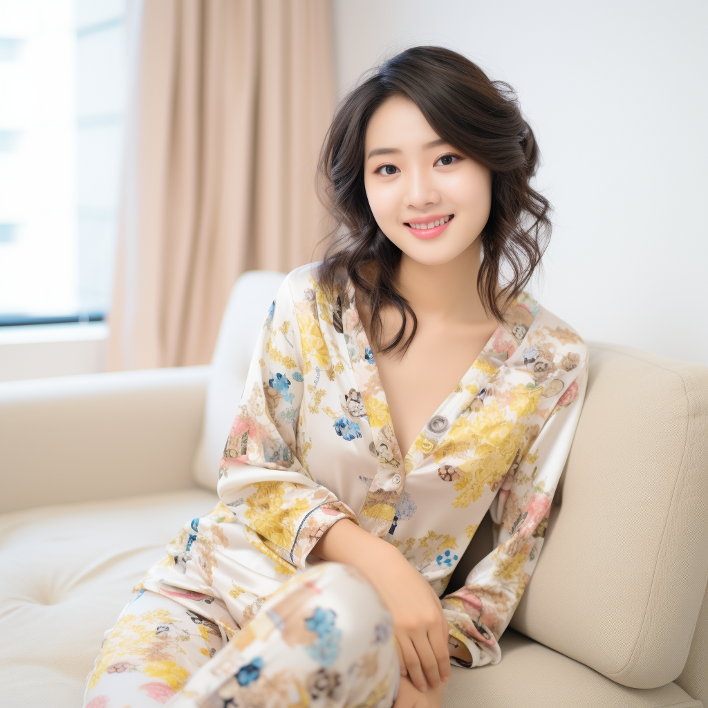 Smiling Japanese woman in adorable pajamas