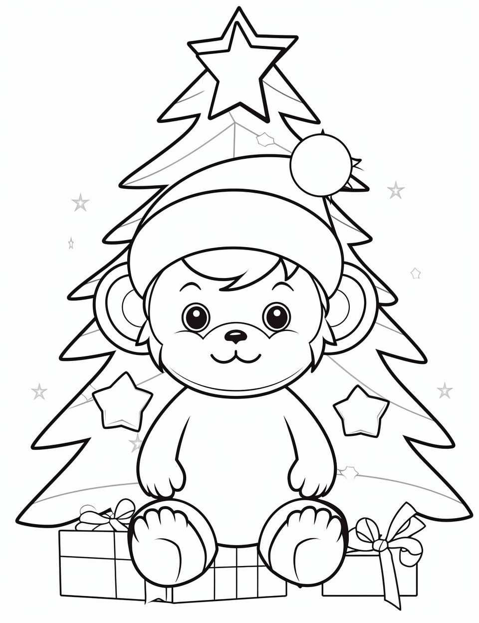 Cute baby monkey with Christmas cap on a tree