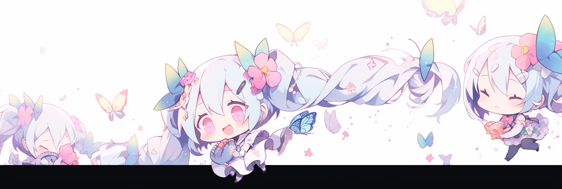 Adorable kawaii butterflies playing on a white background