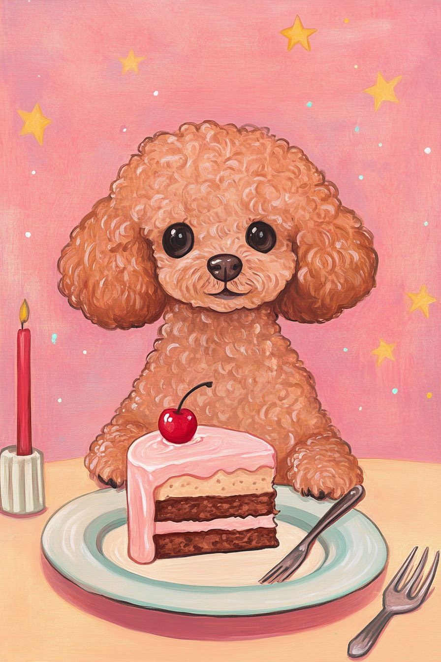 Cute Kawaii Toy Poodle Eating Cake