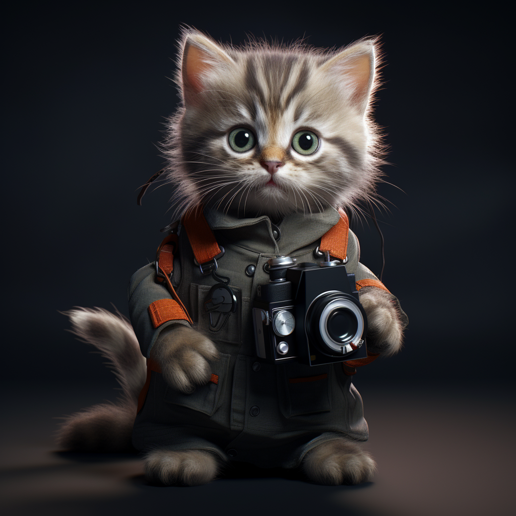 Adorable kitten wearing overalls with DSLR camera