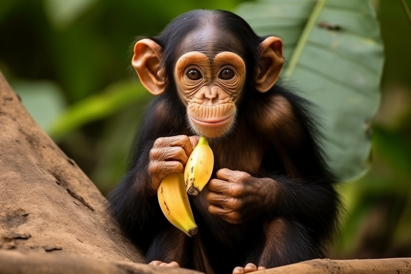 Cute chimpanzee enjoying a delicious banana