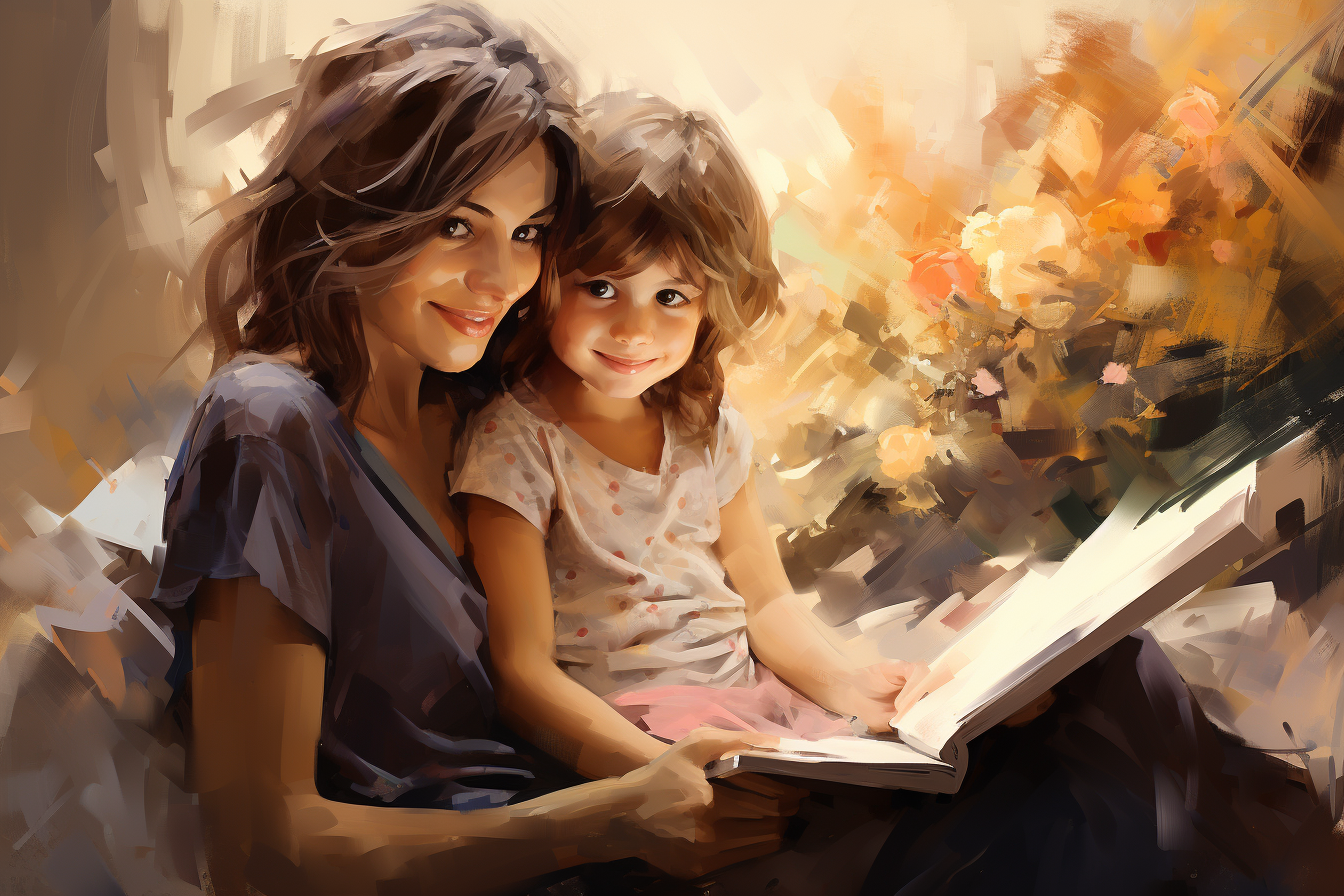 Impressionist Painting of Cute Little Girl and Her Mother Reading Story