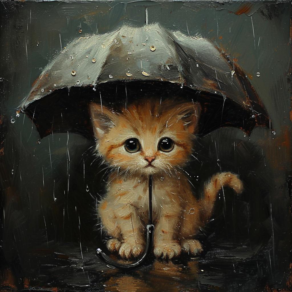 Cute Kitten Under Umbrella Painting