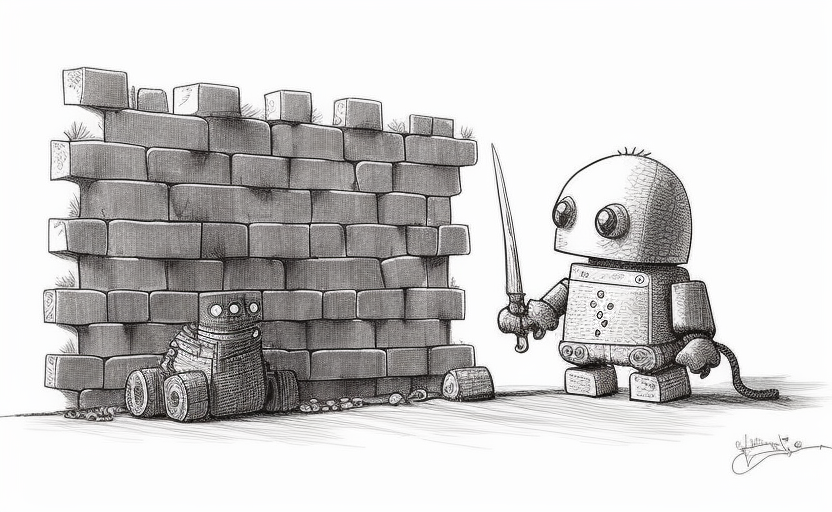 Cute little robot building brick wall