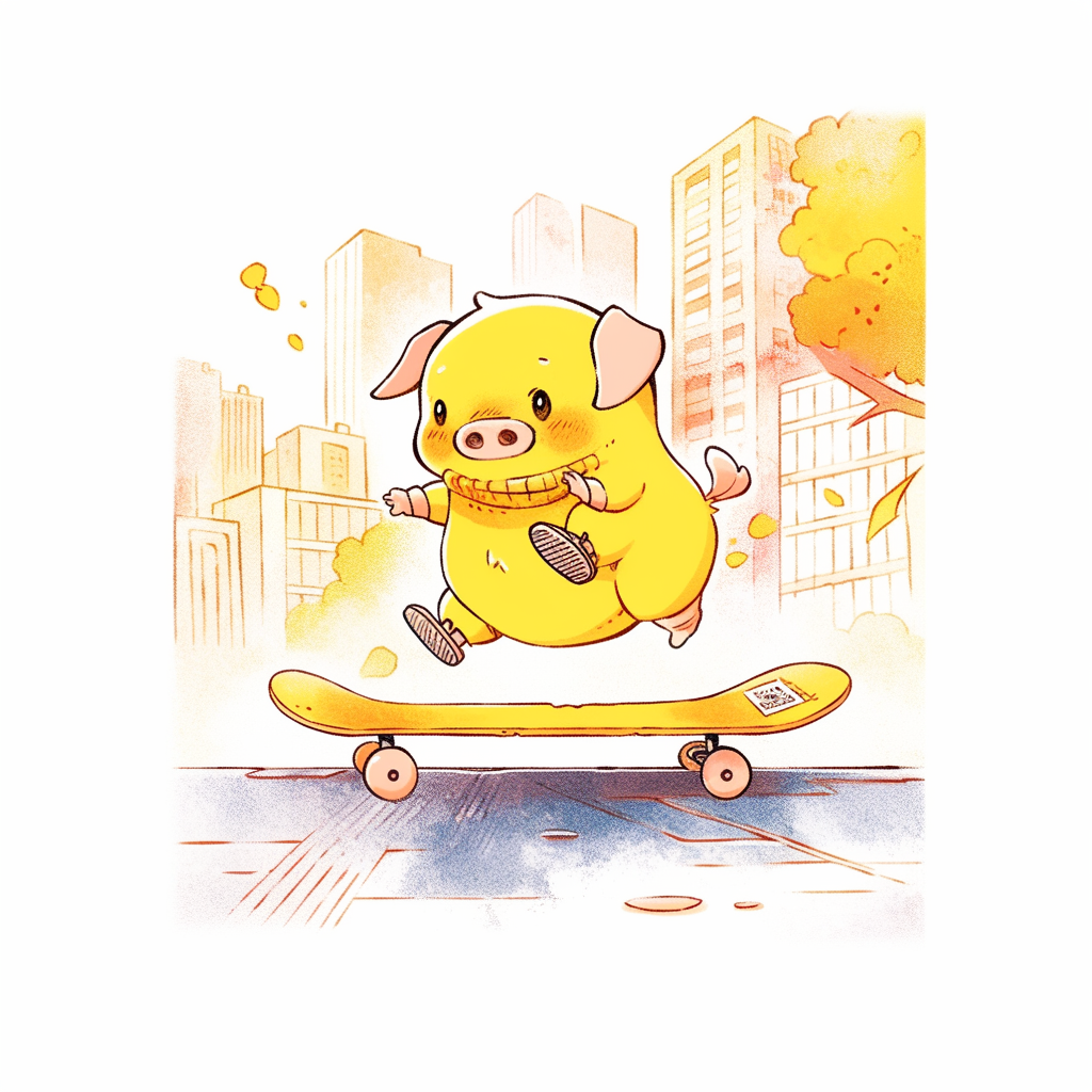 Yellow pig jumping skateboard