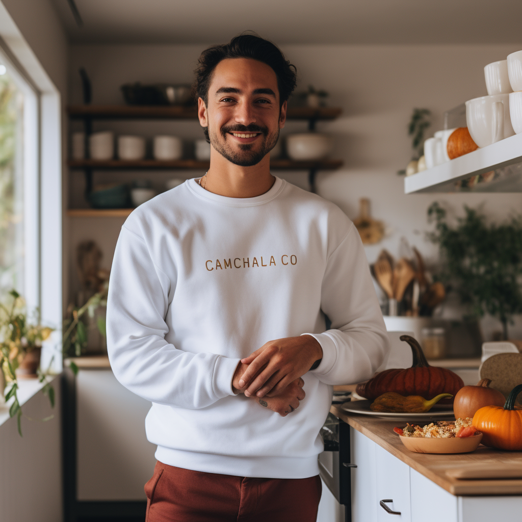 Stylish man in white crewneck sweatshirt