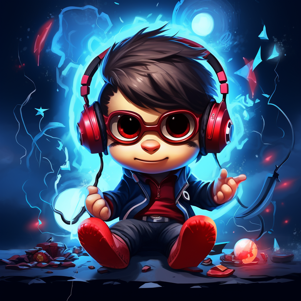 Adorable monkey gamer surrounded by red and blue lightning