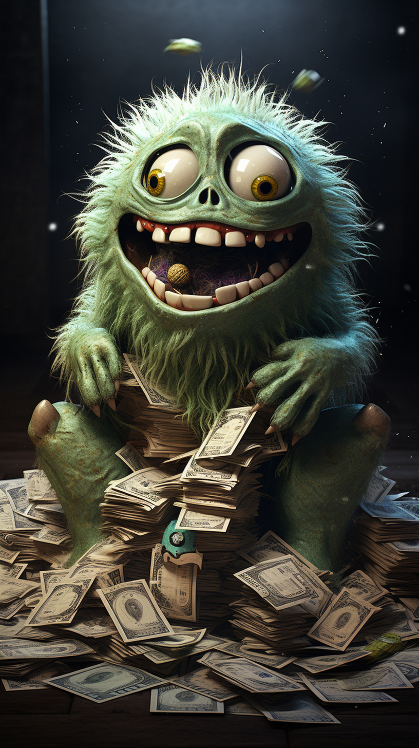 Cute monster eating dollar bills