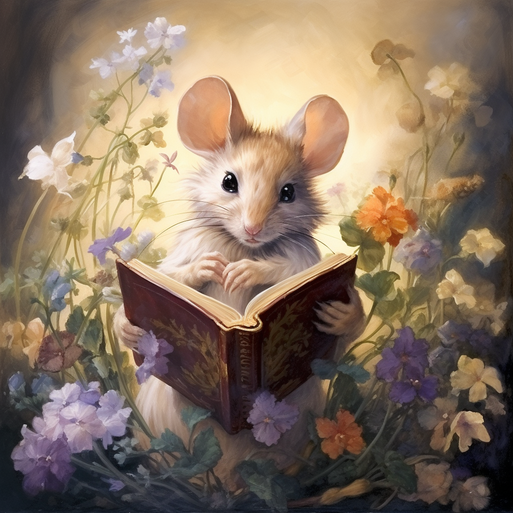 Cute mouse holding a book in spring flowers