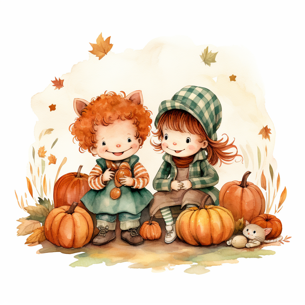 Cute mouse and child playing in pumpkin patch