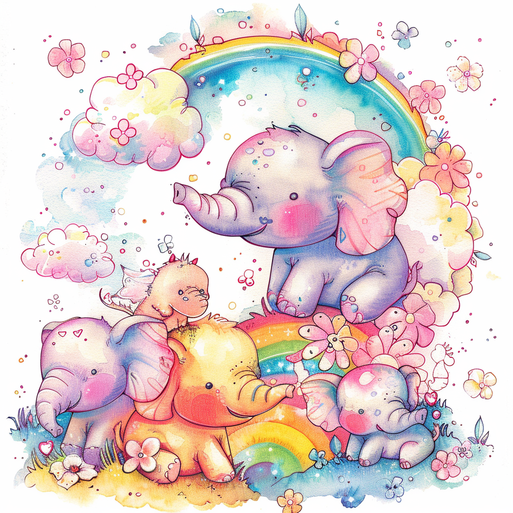 Cute mutant elephants and weasel under rainbow clouds