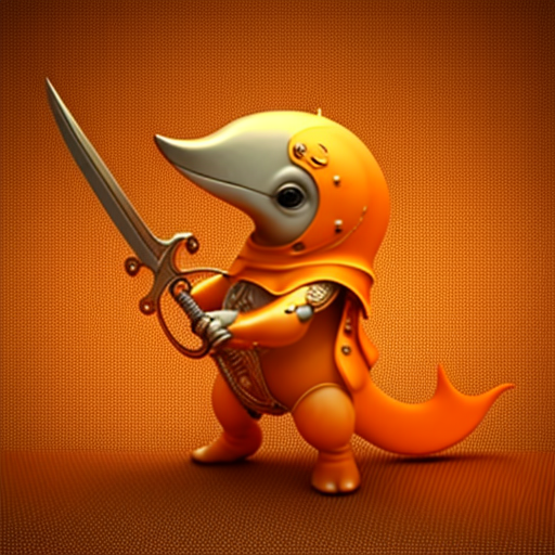 Cute orange baby dolphin in armor with sword