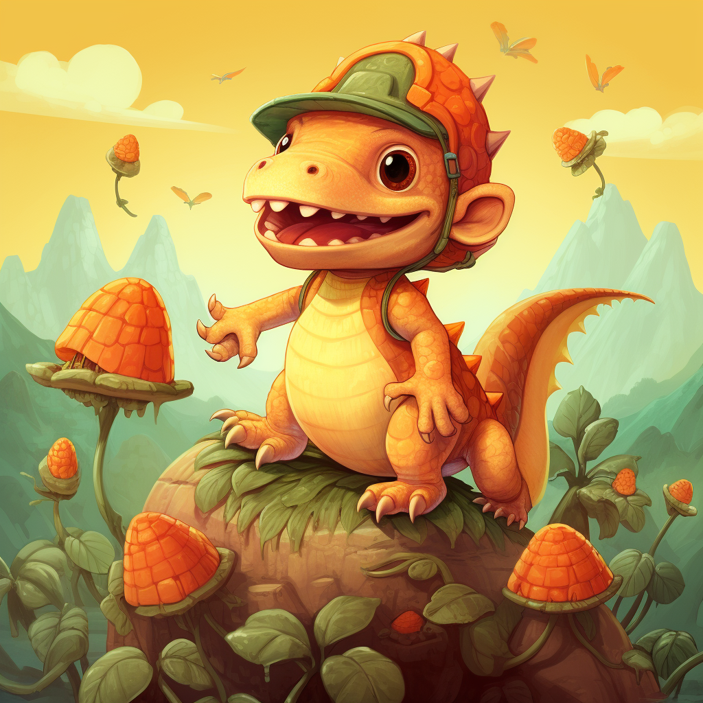 Colorful children's storybook art with cute monkey and dinosaur