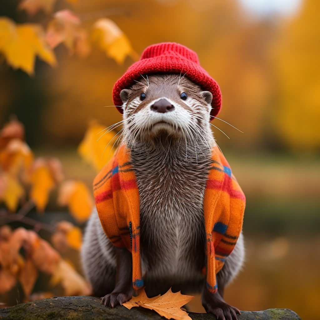 Cute otter in autumn attire