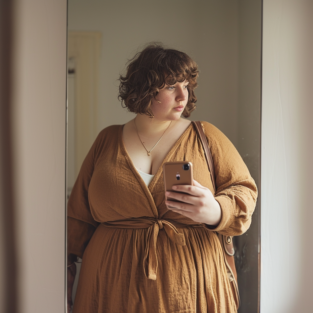 Cute overweight woman mirror selfie