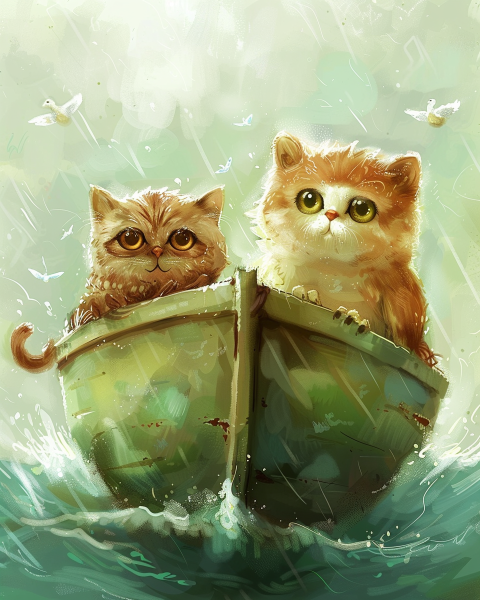 Cute Owl and Cat at Sea