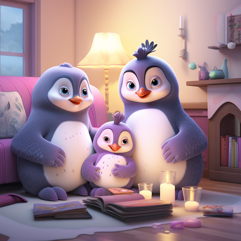 Penguins family in cozy living room