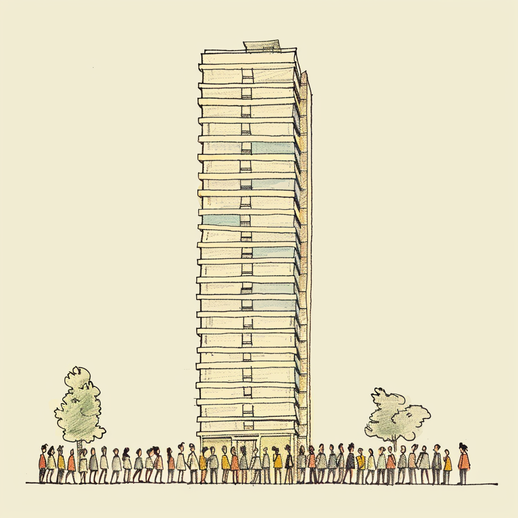 Hand-drawn illustration people tall building