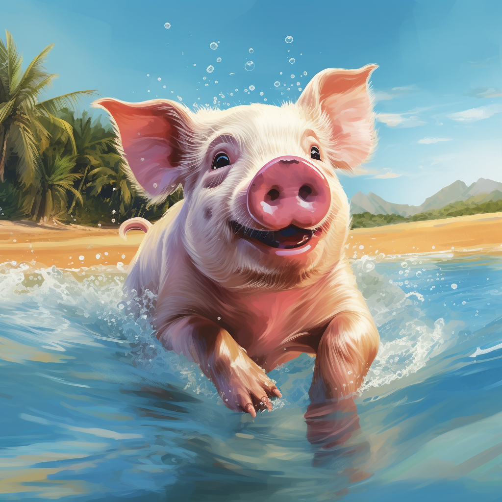 Cute Pig Swimming on Beach