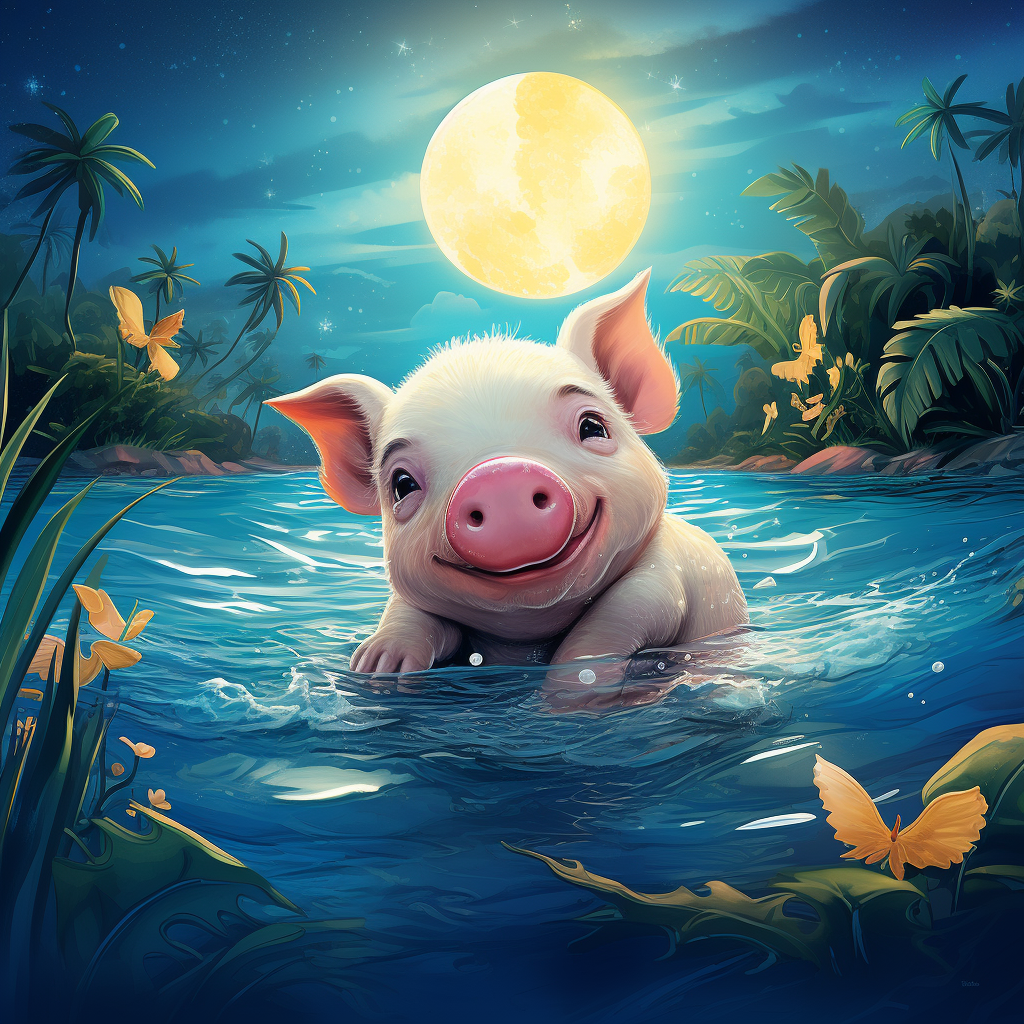 Cute pig swimming tropical lagoon moon stars